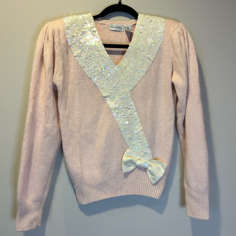 Vintage Women 80s Pink Sequin Silk Angora Blend Sweater Bow Shoulder Pads Size S